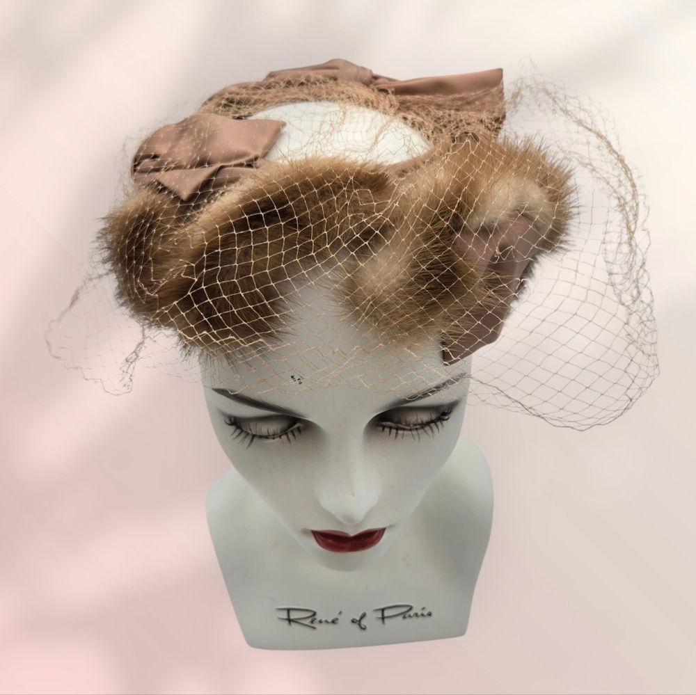 MCM Vintage Pastel Mink with Bow & Veil Fascinator Halo Hat Open Crown